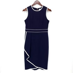 Calvin Klein Coastal Navy Blue White Trim Modest Sleeveless Midi Midi Dress Sz 4